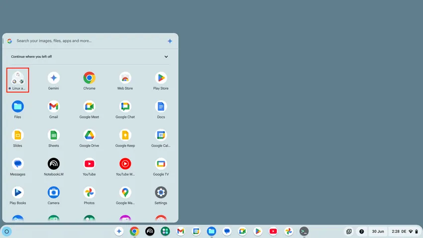 Folder Aplikacje linuksowe w menu aplikacji ChromeOS