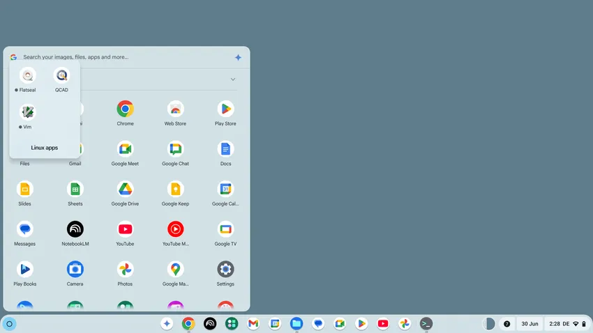 QCAD w folderze Aplikacje linuksowe w menu aplikacji ChromeOS
