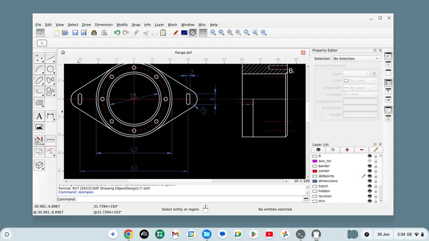 Okno aplikacji QCAD działającej w systemie ChromeOS