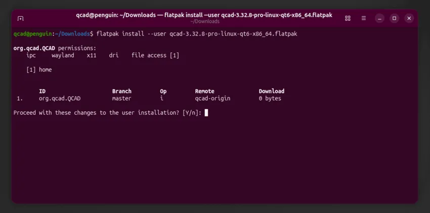 Flatpak pidiendo confirmación antes de instalar QCAD