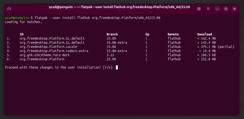 Flatpak mostrando los paquetes del entorno de ejecución que se van a instalar
