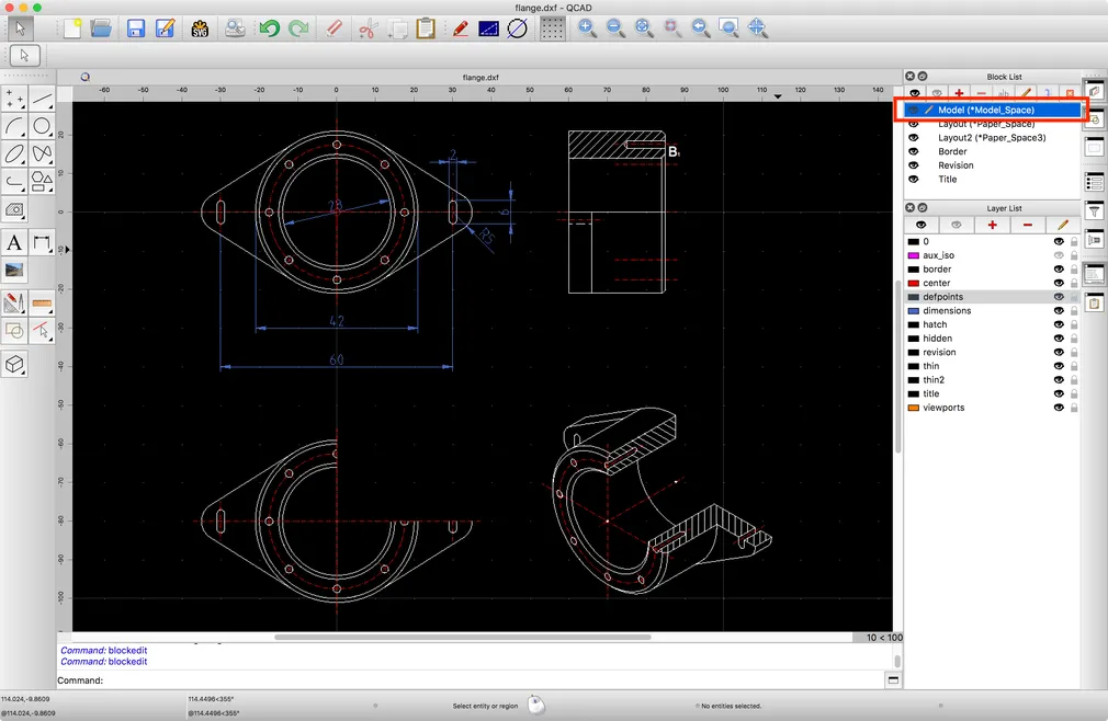 Przestrzeń modelu pliku flange.dxf z geometrią w rzeczywistym rozmiarze