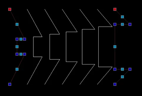 始点が揃った2つの開いたポリラインとその間のモーフィング結果