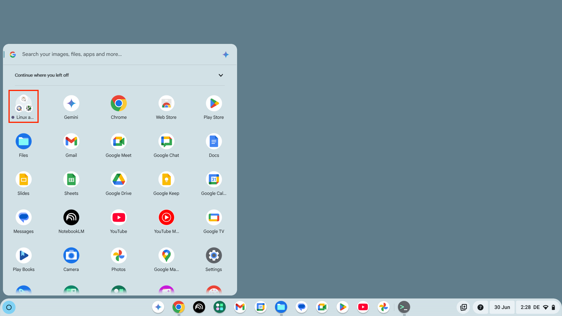 Der Ordner „Linux-Apps“ im ChromeOS-Starter