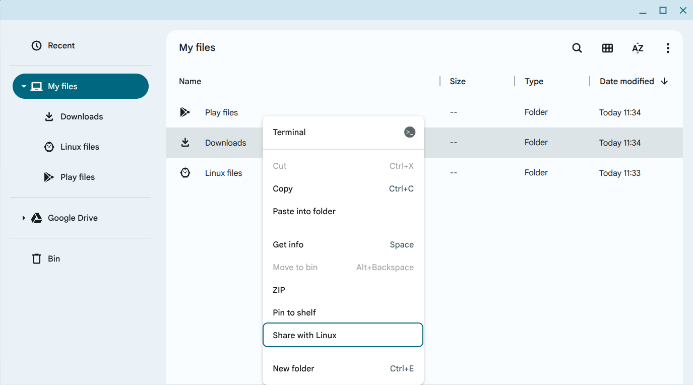 Teilen des Download-Ordners mit Linux in der App „Dateien“