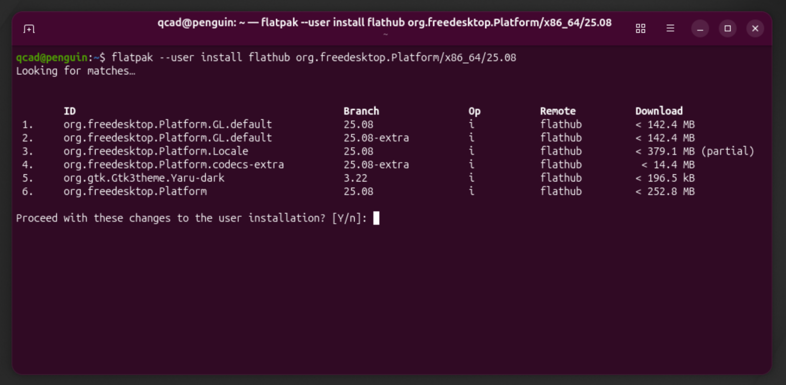 Flatpak che chiede di confermare l’installazione della runtime