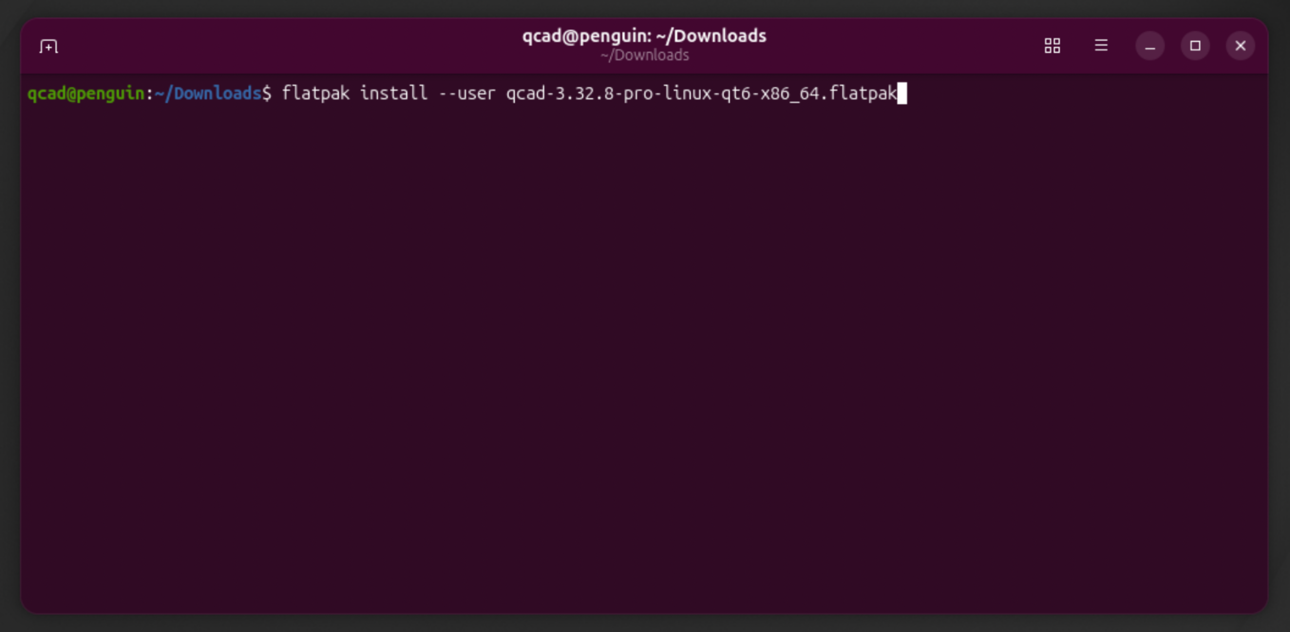 Avvio dell’installazione del Flatpak di QCAD nel terminale