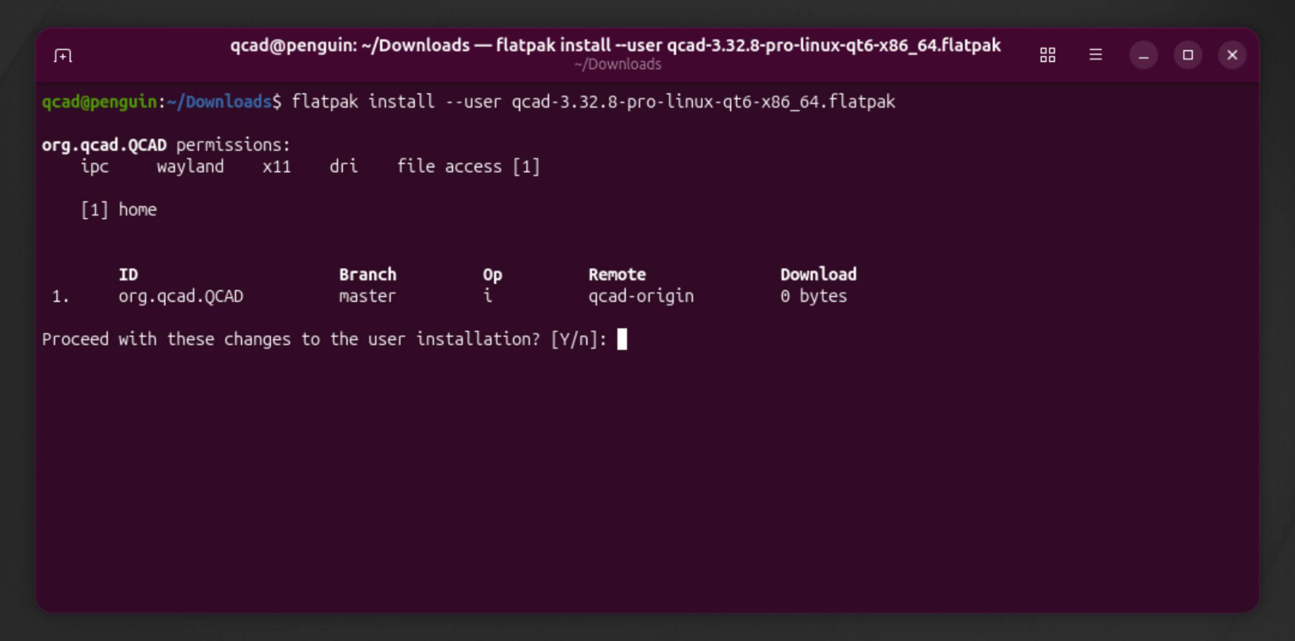 Il terminale che chiede di procedere con l’installazione