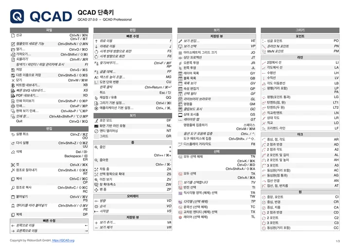 First page of the QCAD shortcut list in Korean