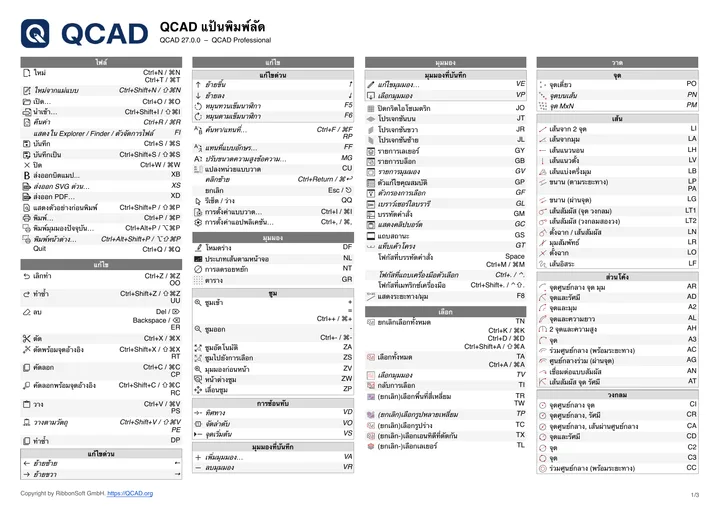 First page of the QCAD shortcut list in Thai